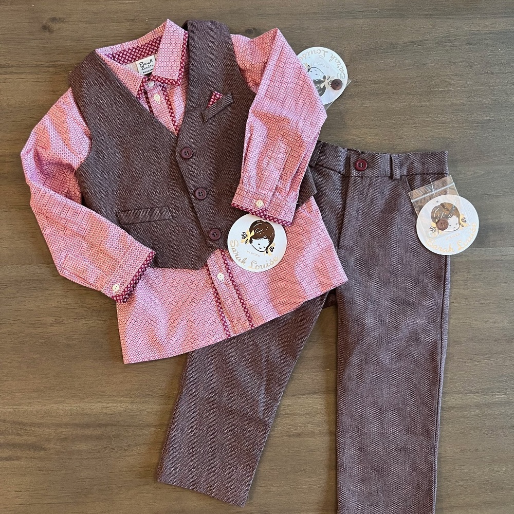 New Sarah Louise 3 Pc Boys Suit Set Vest Shirt Pant Burgundy